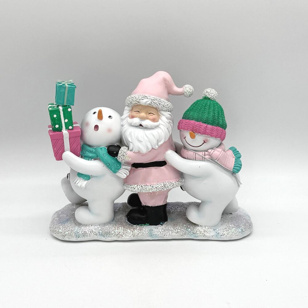 Santa Snowmen Holding Presents Figurine 10.5” Pink Christmas NEW